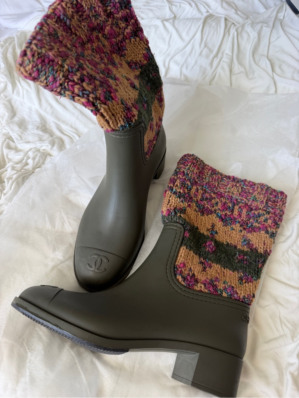 CHANEL Olive Rubber Rain Boots with Multicolor Knit Cuff